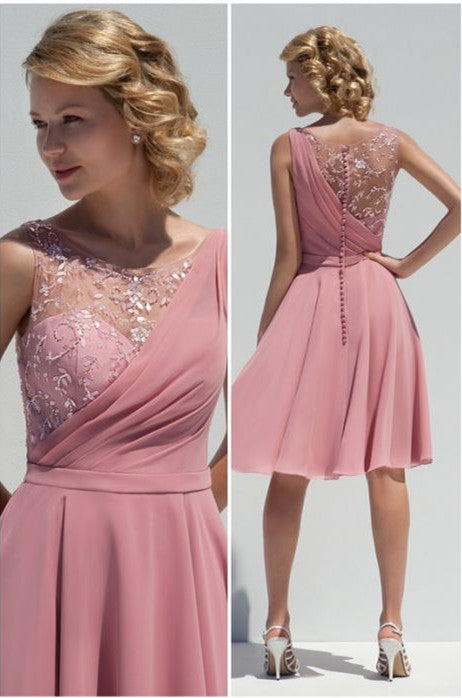 A-line/Princess Sleeveless Lace Applique Knee-length Chiffon Bridesmaid Dresses