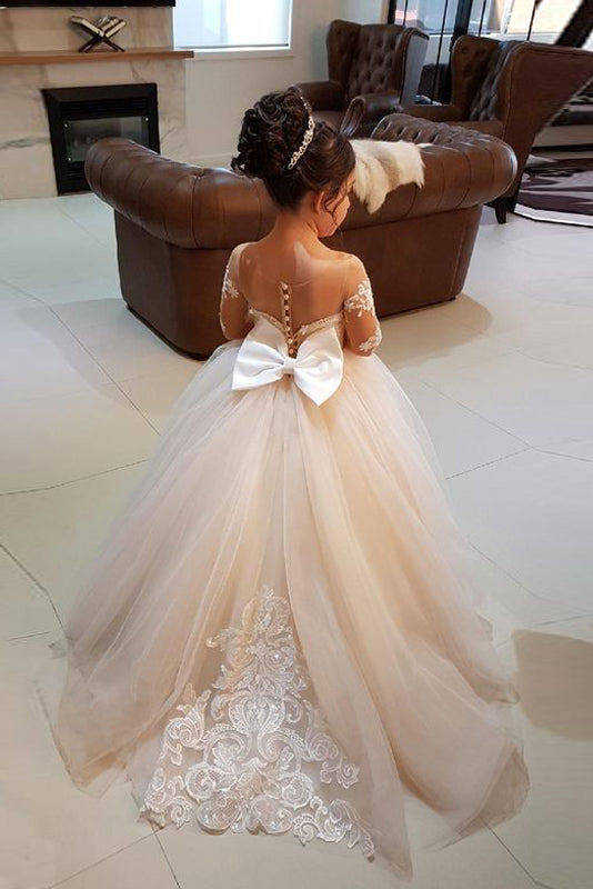 Elegant Long Sleeves Lace Applique Tulle Flower Girl Dresses with A Bow Main image
