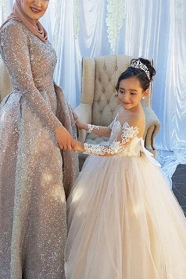 Bow-Back Long-Sleeve Lace and Tulle Ball Gown Flower Girl Dress