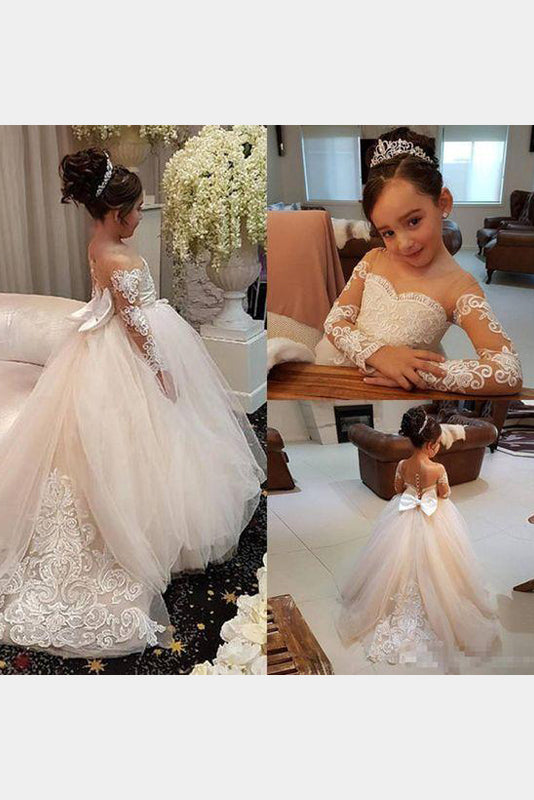 Bow-Back Long-Sleeve Lace and Tulle Ball Gown Flower Girl Dress