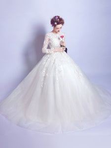 Ball-Gown/Princess V-neck Floor Length Tulle Wedding Dress With Long Sleeve