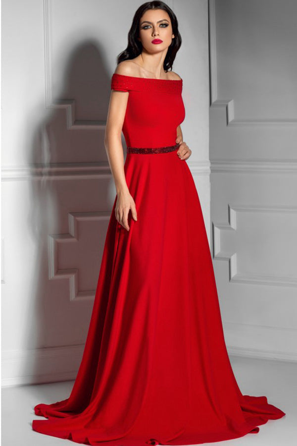 A-Line/Princess Off-the-Shoulder Sweep Train Long Prom Dress with Sash
