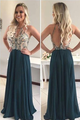 Sexy A-line Halter Sleeveless Beading Long Chiffon Formal Dresses