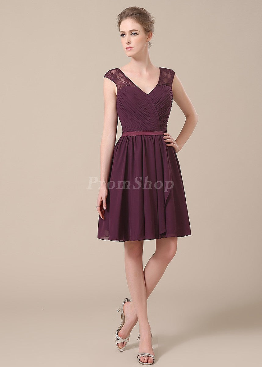 V-Back Short Chiffon A-Line Cocktail Dress with Lace Shoulders