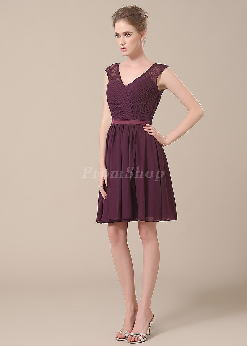 V-Back Short Chiffon A-Line Cocktail Dress with Lace Shoulders