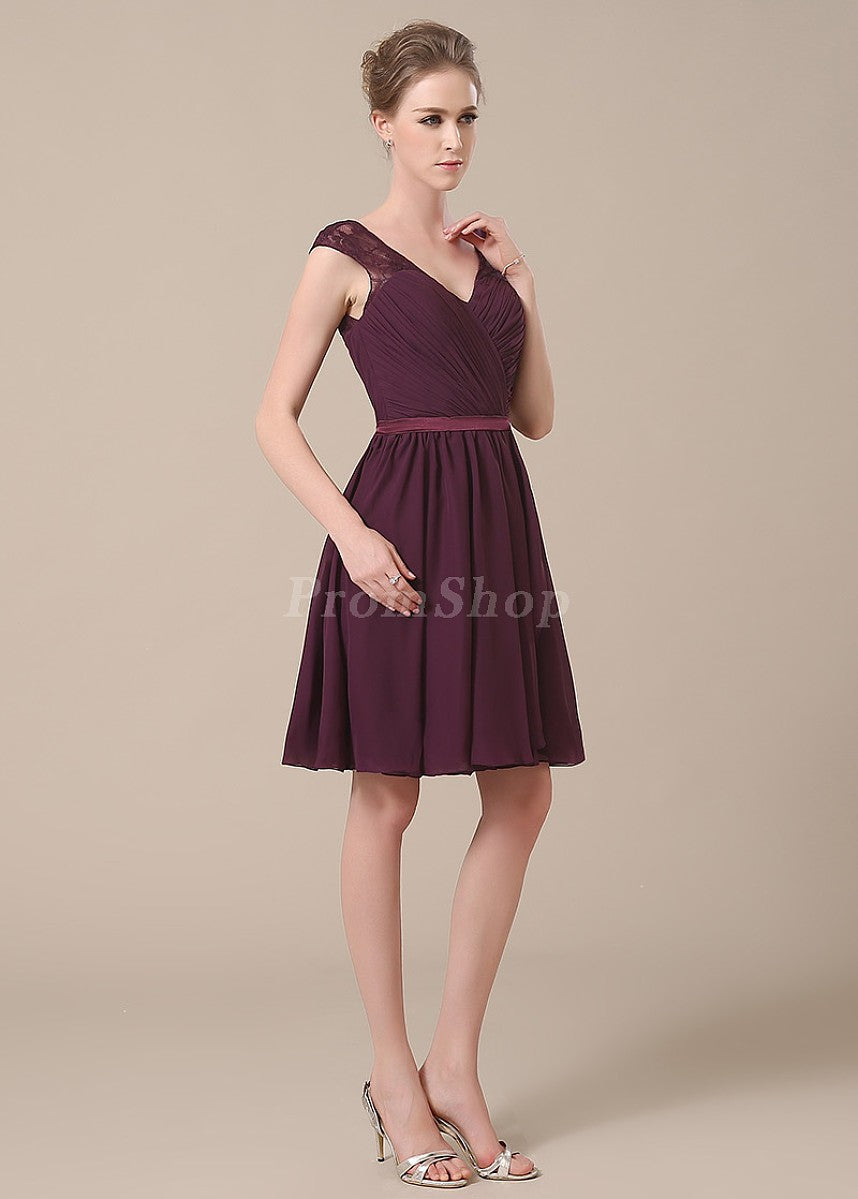 V-Back Short Chiffon A-Line Cocktail Dress with Lace Shoulders