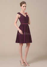 V-neck Short/Mini Chiffon Lace Shoulder Bridesmaid Dress With Ruffle Design