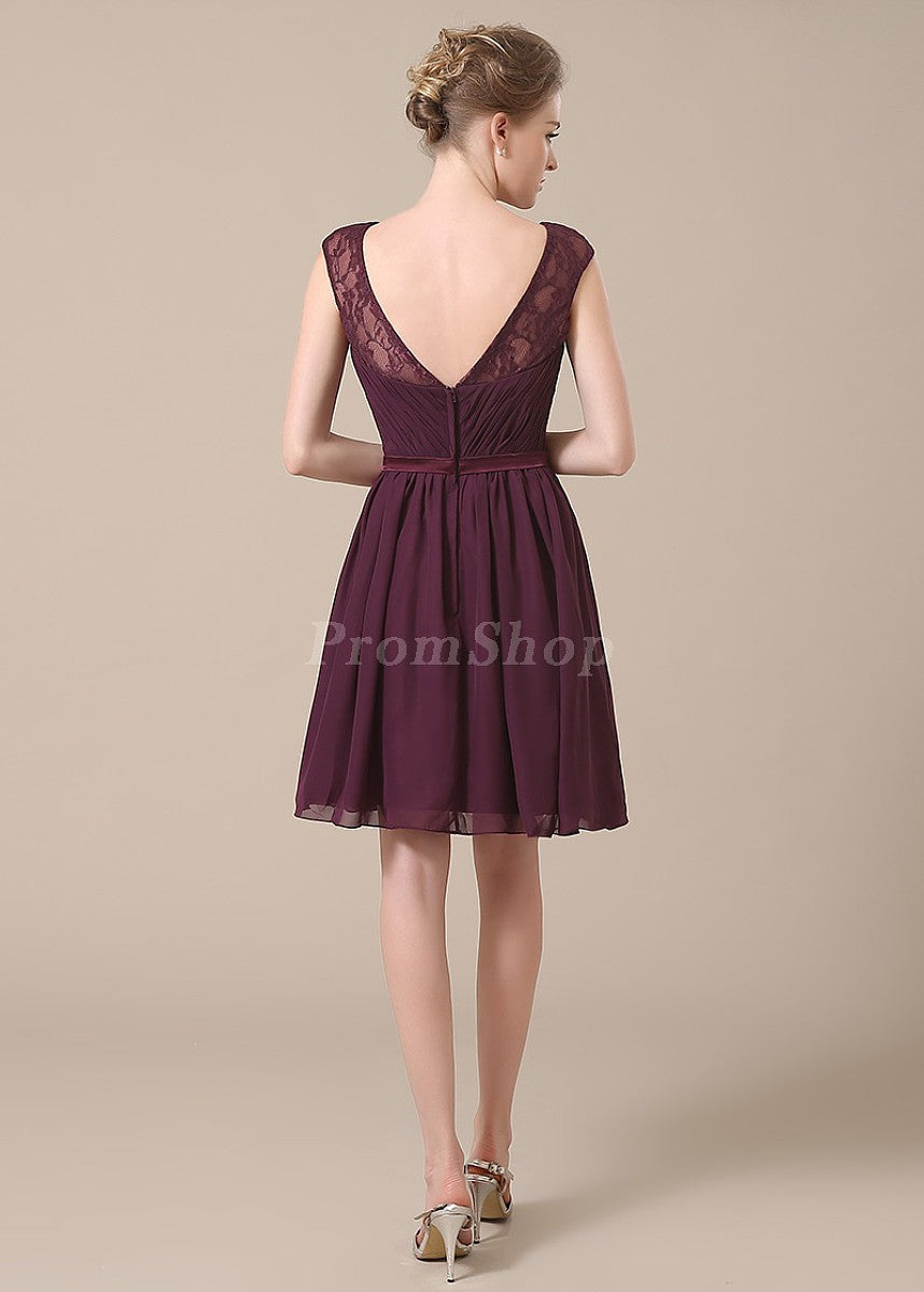 V-Back Short Chiffon A-Line Cocktail Dress with Lace Shoulders