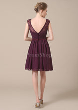 V-neck Short/Mini Chiffon Lace Shoulder Bridesmaid Dress With Ruffle Design