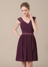 V-neck Short/Mini Chiffon Lace Shoulder Bridesmaid Dress With Ruffle Design