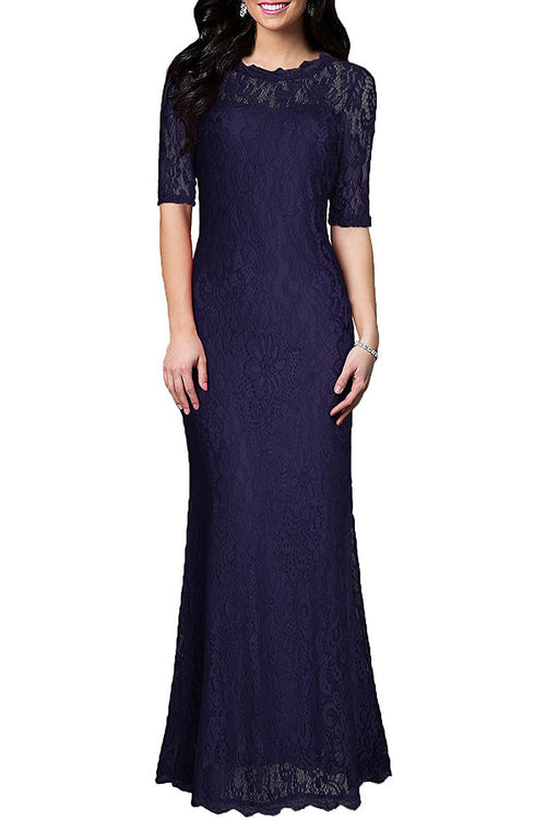 Navy Elbow-Sleeve Lace Sheath Evening Dress with Scalloped Neckline