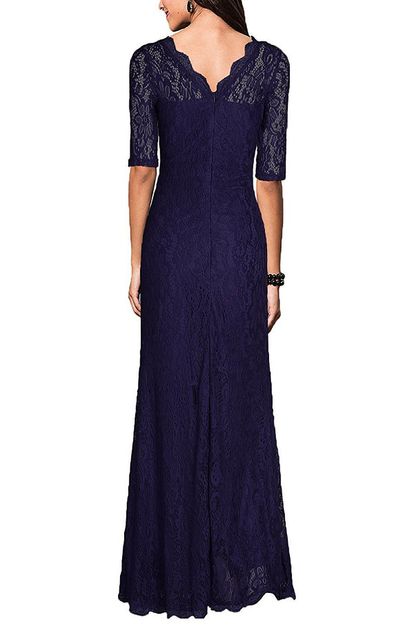 Elbow-Sleeve Lace Sheath Evening Dress with Scalloped Neckline