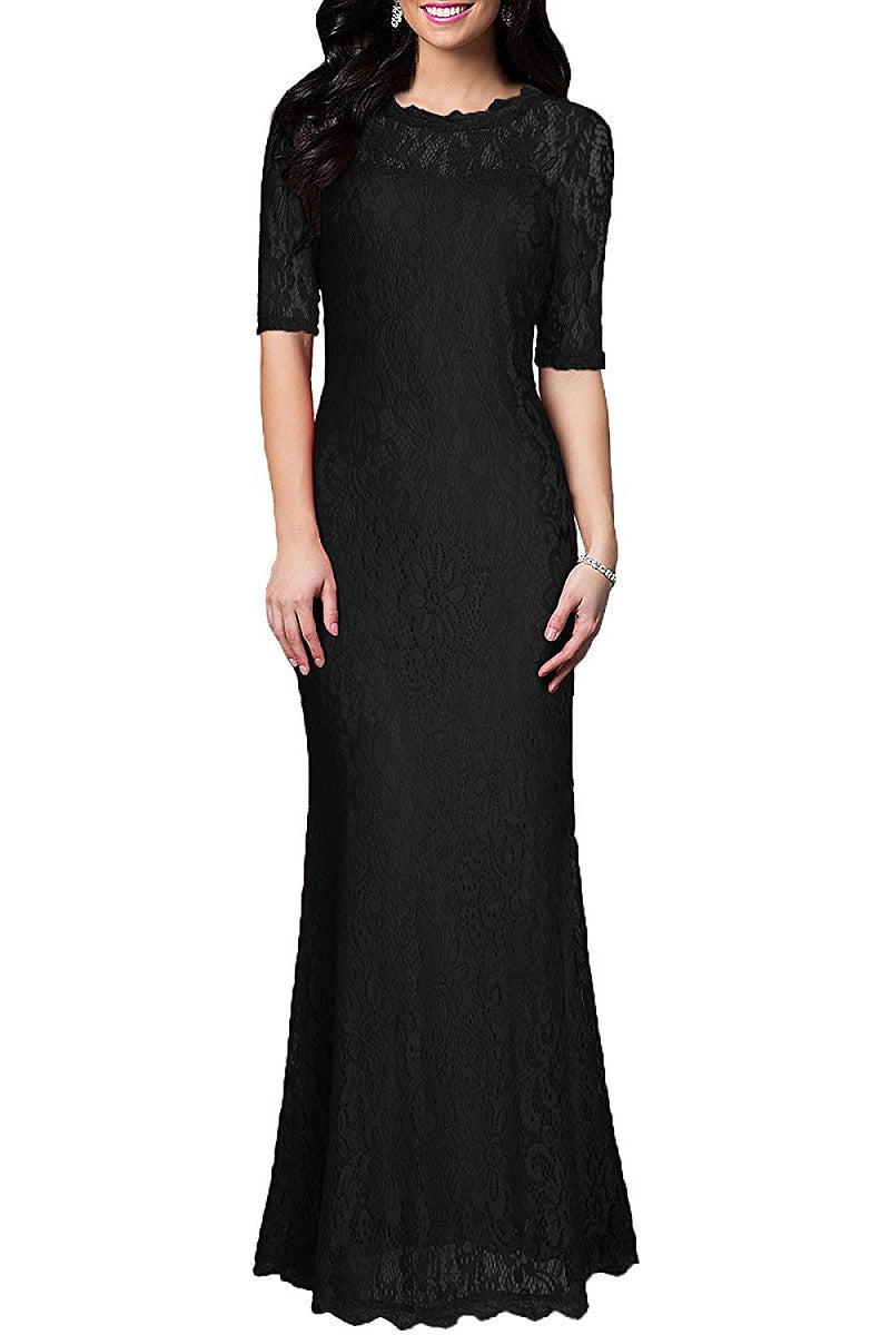 Elbow-Sleeve Lace Sheath Evening Dress with Scalloped Neckline
