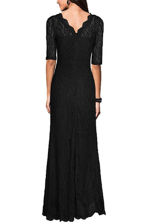 Elbow-Sleeve Lace Sheath Evening Dress with Scalloped Neckline