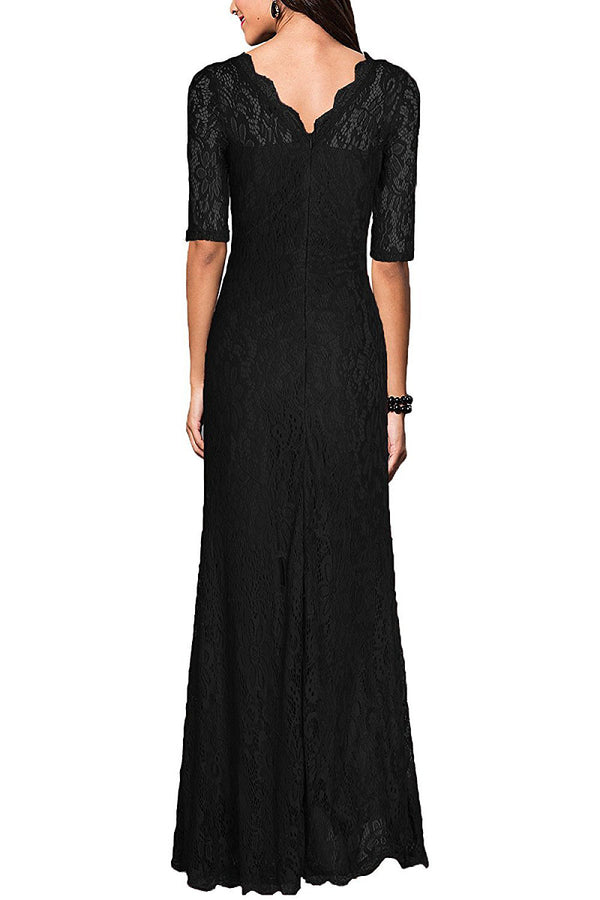 Elbow-Sleeve Lace Sheath Evening Dress with Scalloped Neckline