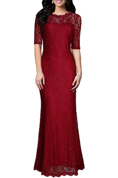 Burgundy Elbow-Sleeve Lace Sheath Evening Dress with Scalloped Neckline