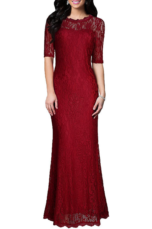 Burgundy Elbow-Sleeve Lace Sheath Evening Dress with Scalloped Neckline