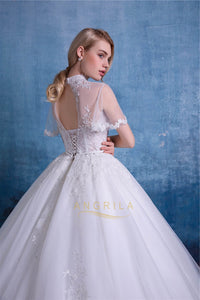 Ball-Gown High Neck Cathedral  Train Lace Wedding Dress with  Lace Appliques
