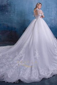 Ball-Gown High Neck Cathedral  Train Lace Wedding Dress with  Lace Appliques