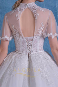 Ball-Gown High Neck Cathedral  Train Lace Wedding Dress with  Lace Appliques