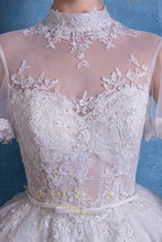 Ball-Gown High Neck Cathedral  Train Lace Wedding Dress with  Lace Appliques