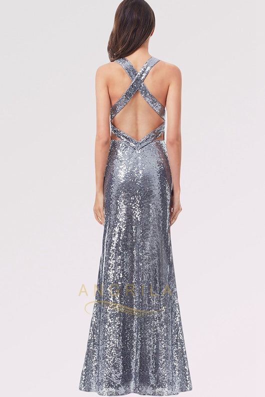 Crisscross-Back Plunging Sequin Sheath Prom Dress