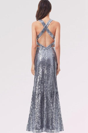 Silver Crisscross-Back Plunging Sequin Sheath Prom Dress