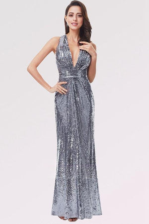 Silver Crisscross-Back Plunging Sequin Sheath Prom Dress