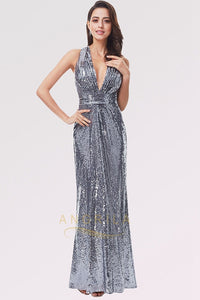 Sequined Sheath/Column V-neck Long Prom Dress with Sequins