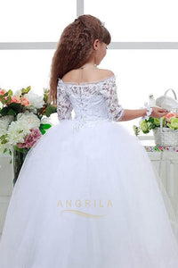 Ball-Gown Off-the-Shoulder Ivory Flower Girl Dress with 1/2 Sleeves