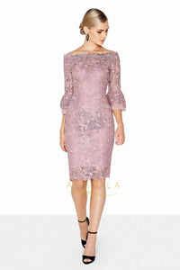 Sheath/Column Off-the-Shoulder Short Mother of the Bride Dress with Lace Appliques