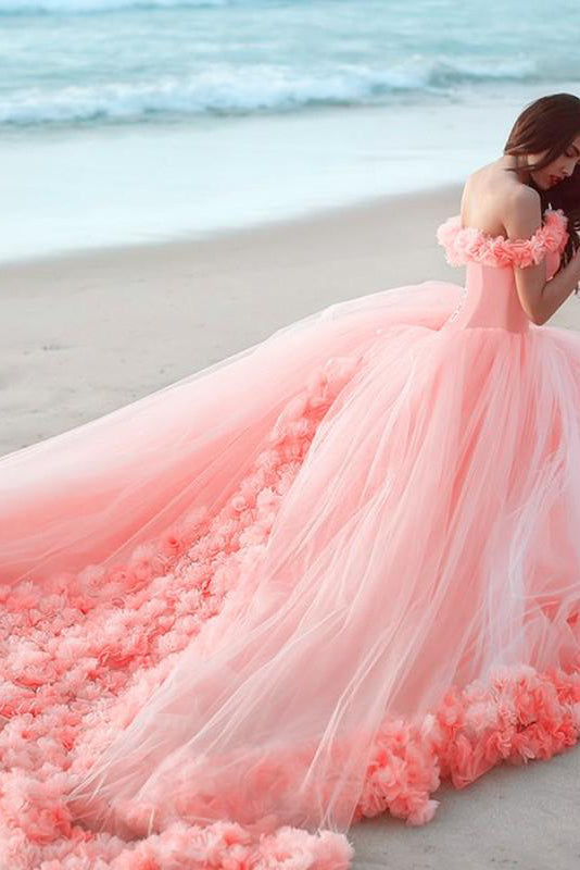 Off-the-Shoulder Tulle Ball Gown Prom Dress with 3D Flowers