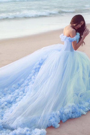 Ball Gown Off-the-shoulder Flowers Lace-up Court Train Prom Dresses