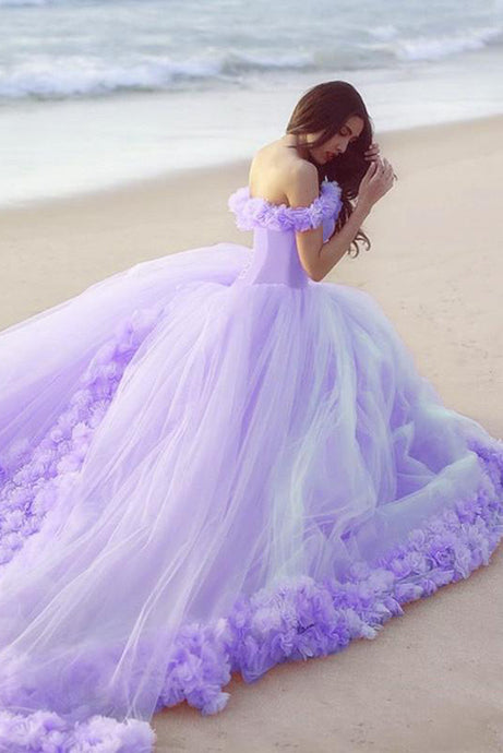 Ball Gown Off-the-shoulder Flowers Lace-up Court Train Prom Dresses