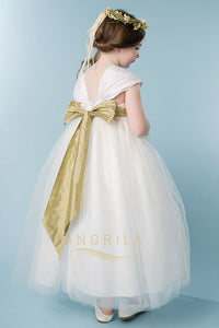 Ball-Gown Square Neckline Ivory Flower Girl Dress with Bow(s)