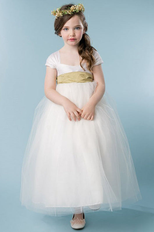 Ball-Gown Square Neckline Ivory Flower Girl Dress with Bow(s)