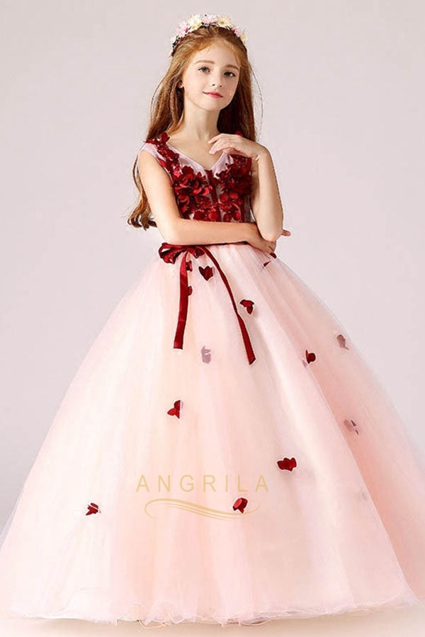 Ball-Gown V-neck Flower Girl Dress with Bow(s) Sash