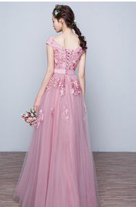 Awesome A-line Off-the-shoulder Lace Applique Lace-up Floor-length Tulle Evening Dresses