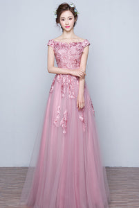 Awesome A-line Off-the-shoulder Lace Applique Lace-up Floor-length Tulle Evening Dresses