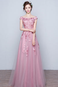 Awesome A-line Off-the-shoulder Lace Applique Lace-up Floor-length Tulle Evening Dresses