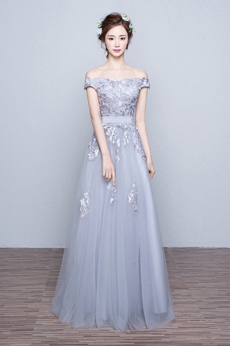 Awesome A-line Off-the-shoulder Lace Applique Lace-up Floor-length Tulle Evening Dresses