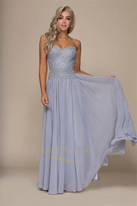 A-line/Princess Strapless Beading Long Formal Prom Dresses with Lace Applique