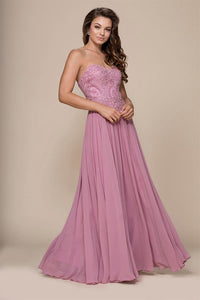 A-line/Princess Strapless Beading Long Formal Prom Dresses with Lace Applique