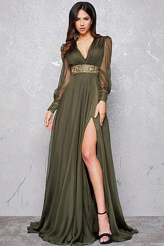 Sexy V-Neck Long Sleeves Prom Dresses with Beading & Slit