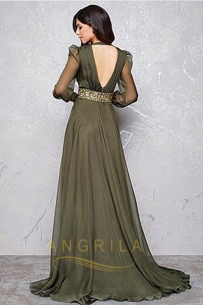 Sexy V-Neck Long Sleeves Prom Dresses with Beading & Slit Secondary image