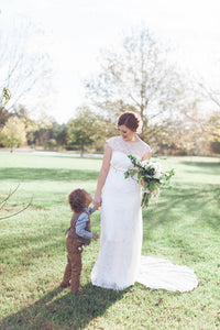 Funky Sheath/Column Lace Bridal Wedding Dresses with Cap Sleeves