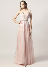 A-Line/Princess V-neck Court Train Chiffon Bridesmaid Dress With Beading