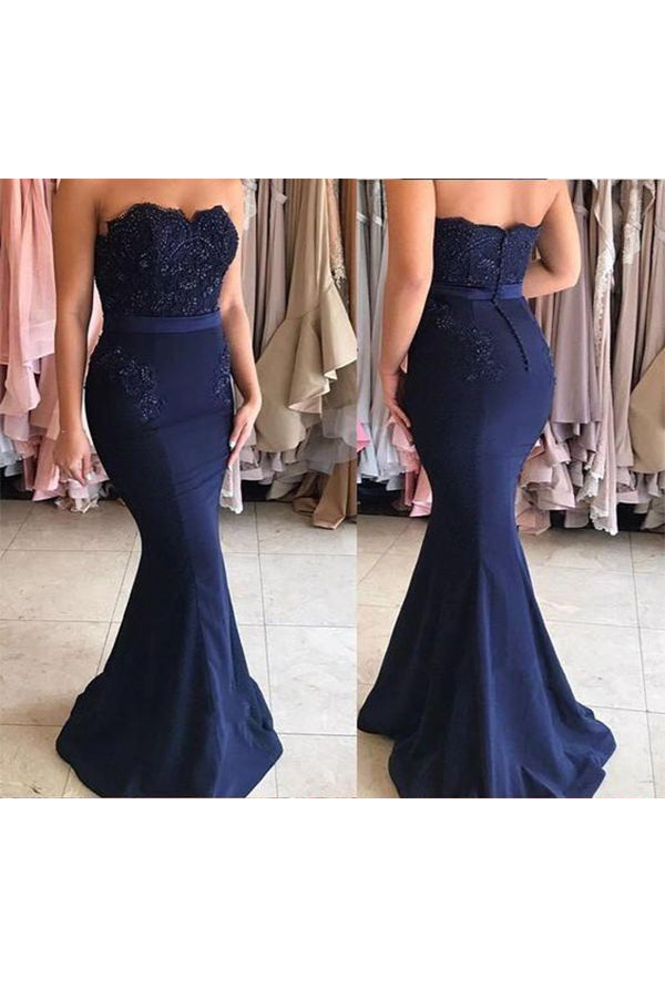 Dark Navy Mermaid Strapless Evening Dress with Sweep Train