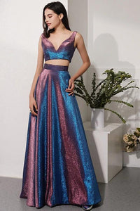 Glitter Knit Fabric Two Piece Long Evening Dresses