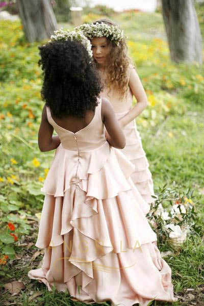 Tiered Ruffle Stretch Satin Ball Gown Flower Girl Dress